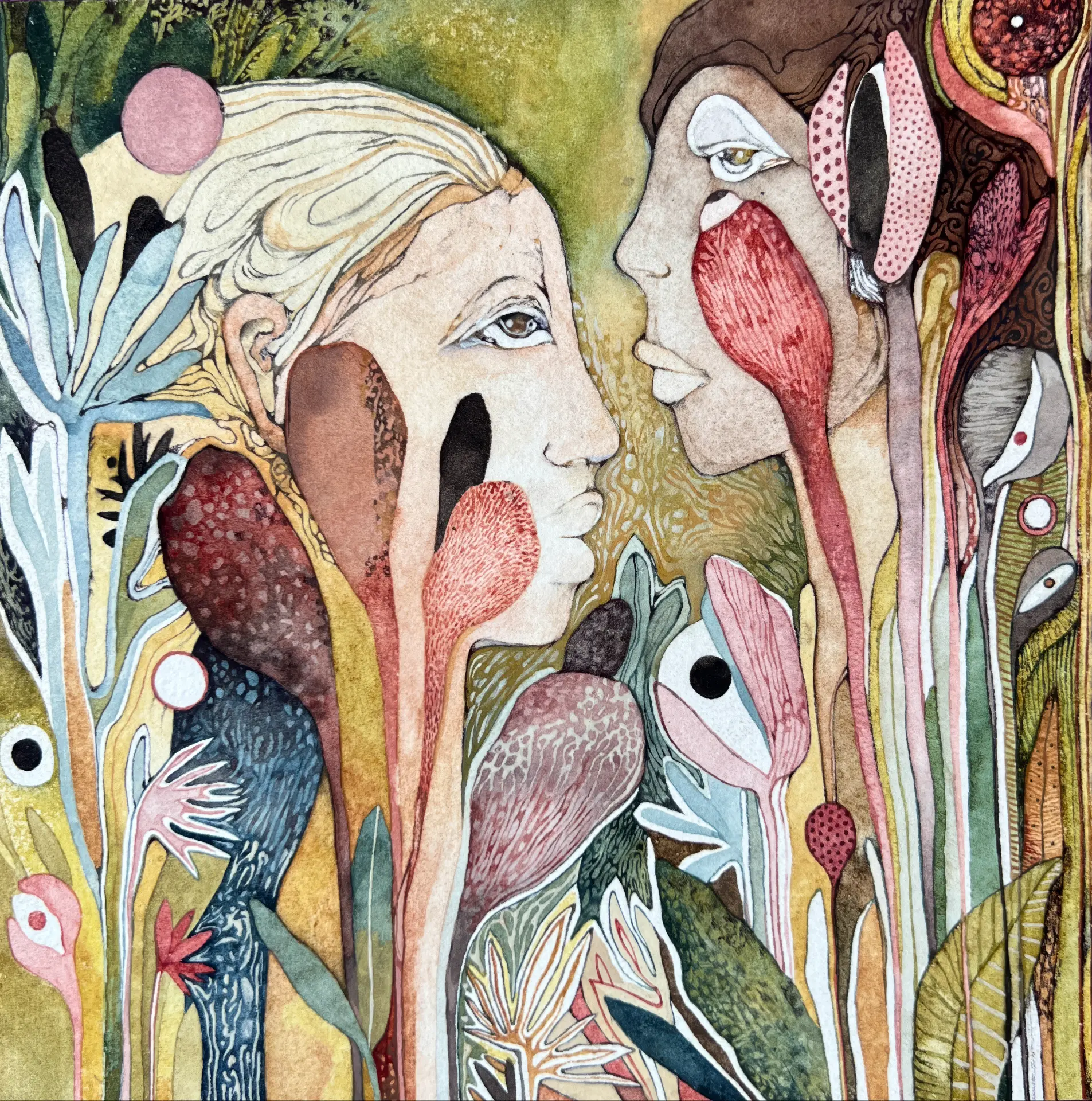 Sisters of Eden — two faces among painted plant forms